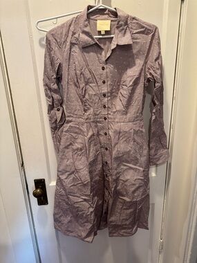 Button-Front purple Shirt Dress with Subtle Polka Dot and pin striping